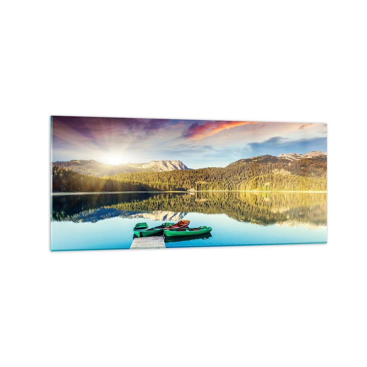 Cuadro sobre vidrio - Impresiones sobre Vidrio - Puesta de sol sobre el lago con barcos en el muelle - 120x50cm - Sobre el agua tan suave como un espejo - Decoración de pared moderna para salón y dormitorio ARTTOR
