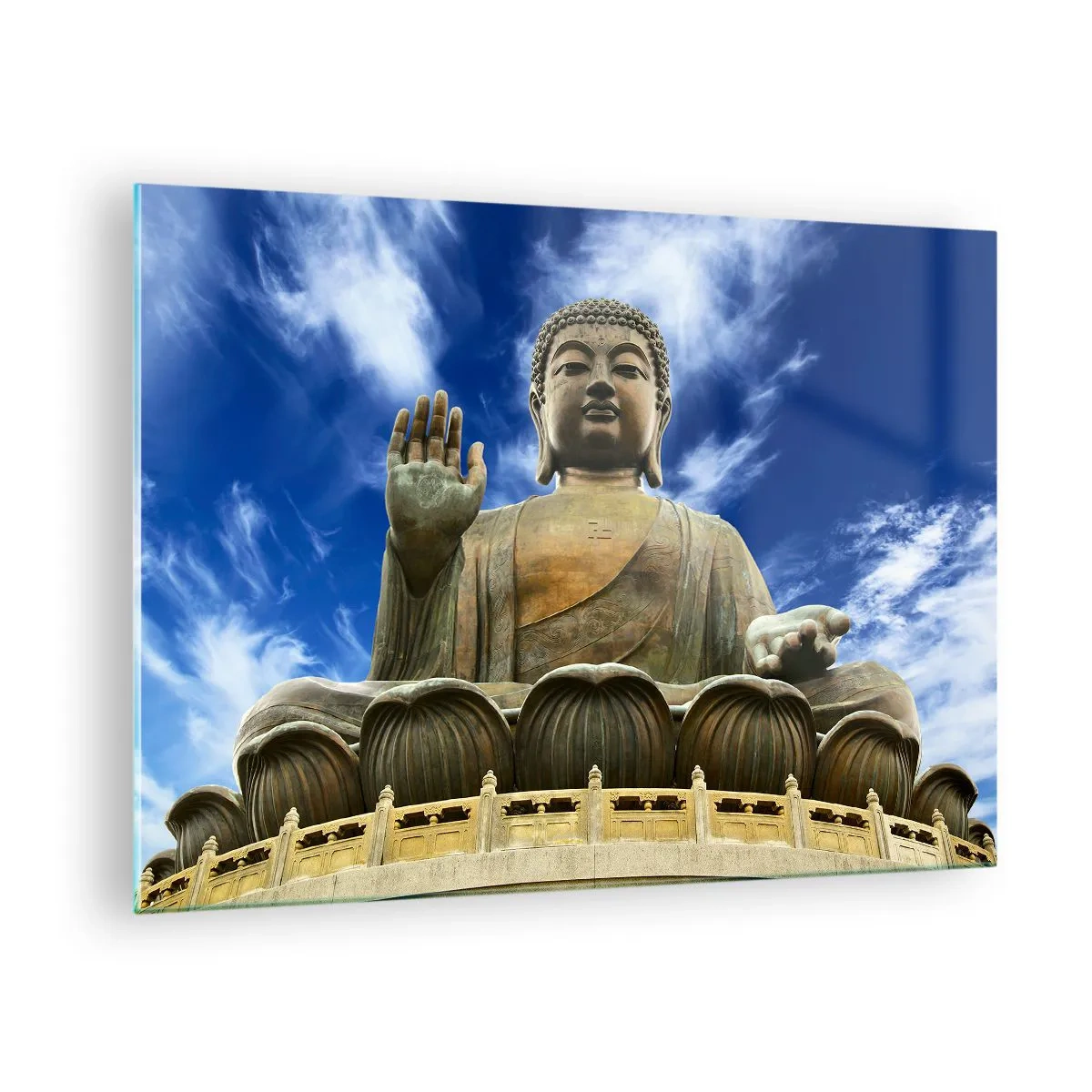 Cuadro sobre vidrio - Impresiones sobre Vidrio - Una gran estatua de Buda contra un cielo azul. - 70x50cm - Vivir sin miedo - Decoración de pared moderna para salón y dormitorio ARTTOR