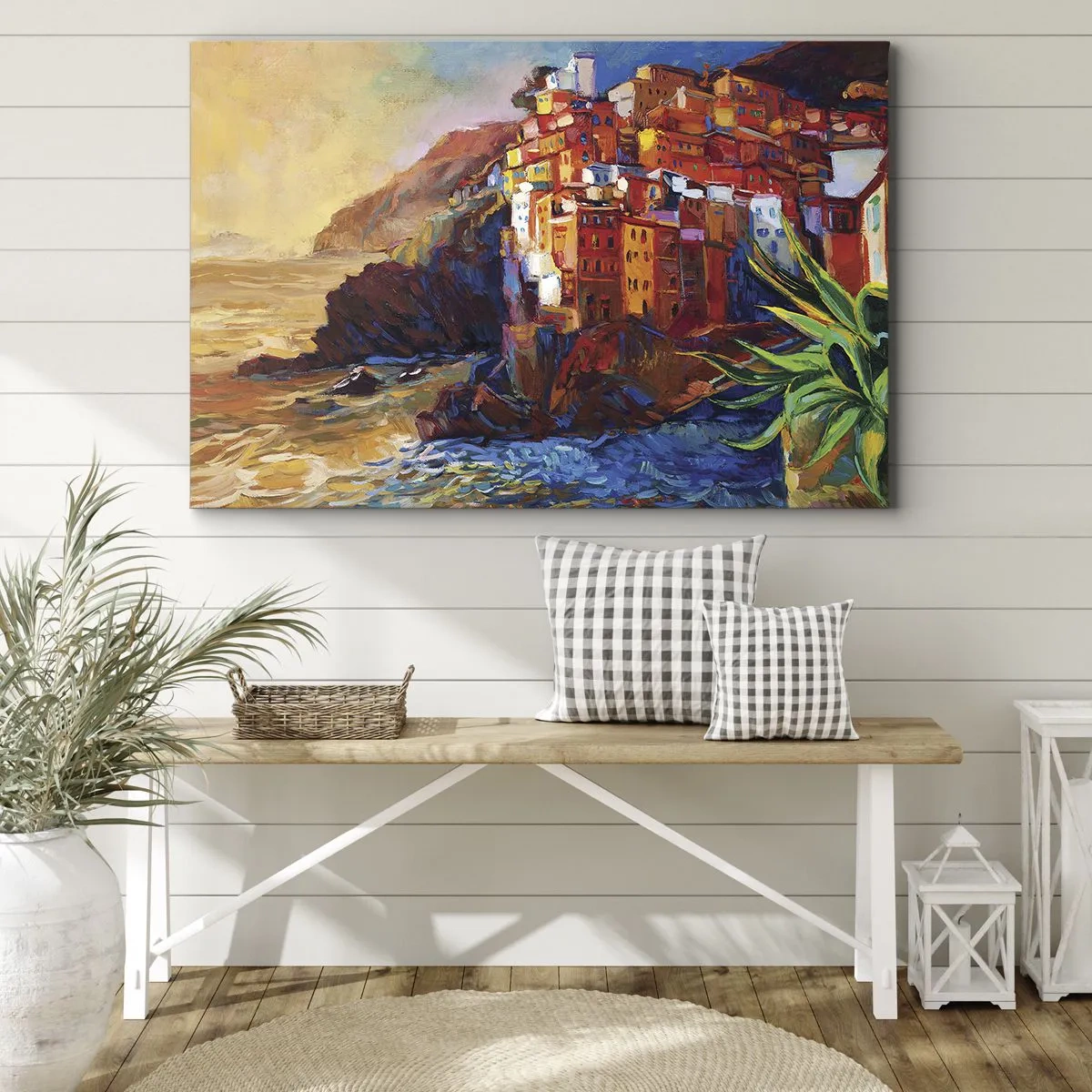 Cuadro sobre lienzo - Impresión de Imagen - Casas de colores en un acantilado sobre el mar - 120x80cm - Ambiente italiano - Decoración de pared moderna para salón y dormitorio ARTTOR