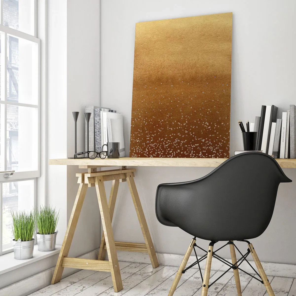 Cuadro sobre vidrio - Impresiones sobre Vidrio - Un degradado dorado con brillo sutil y adornos. - 80x120cm - Nacimiento de la luz - Decoración de pared moderna para salón y dormitorio ARTTOR