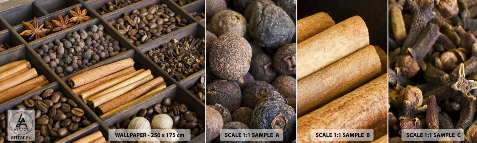 Muestra de fotomural autoadhesivo Deluxe Sticker - Un tesoro de aromas - Especias, Café, Canela - 100x30 cm