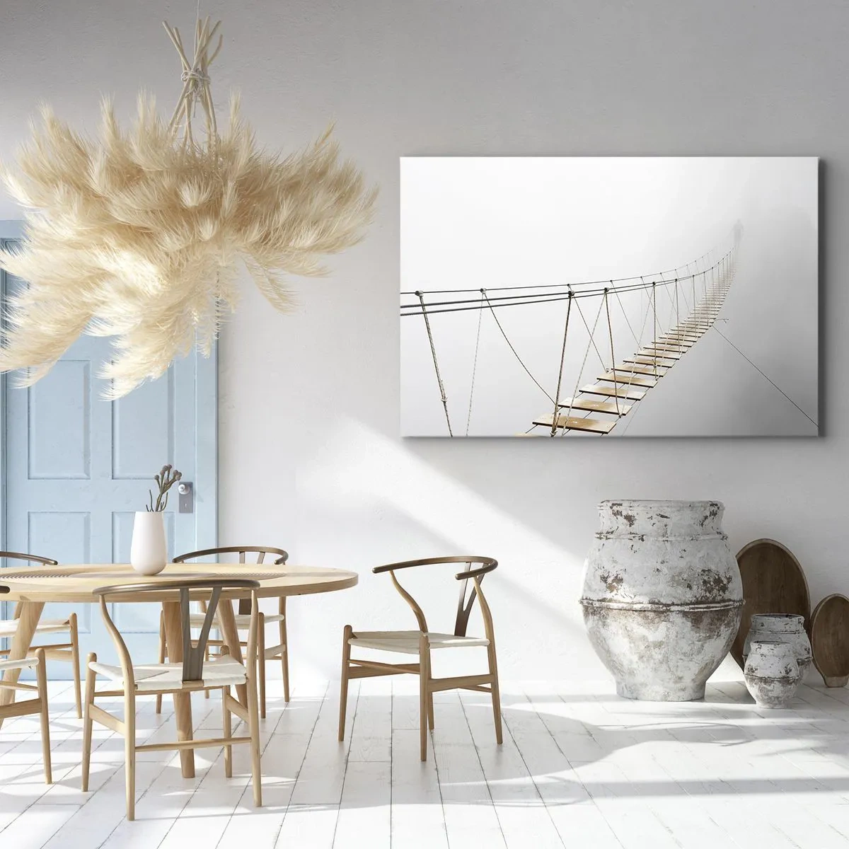 Cuadro sobre lienzo - Impresión de Imagen - Un puente colgante en la niebla desde una perspectiva minimalista - 120x80cm - ¿Adónde le llevará? - Decoración de pared moderna para salón y dormitorio ARTTOR