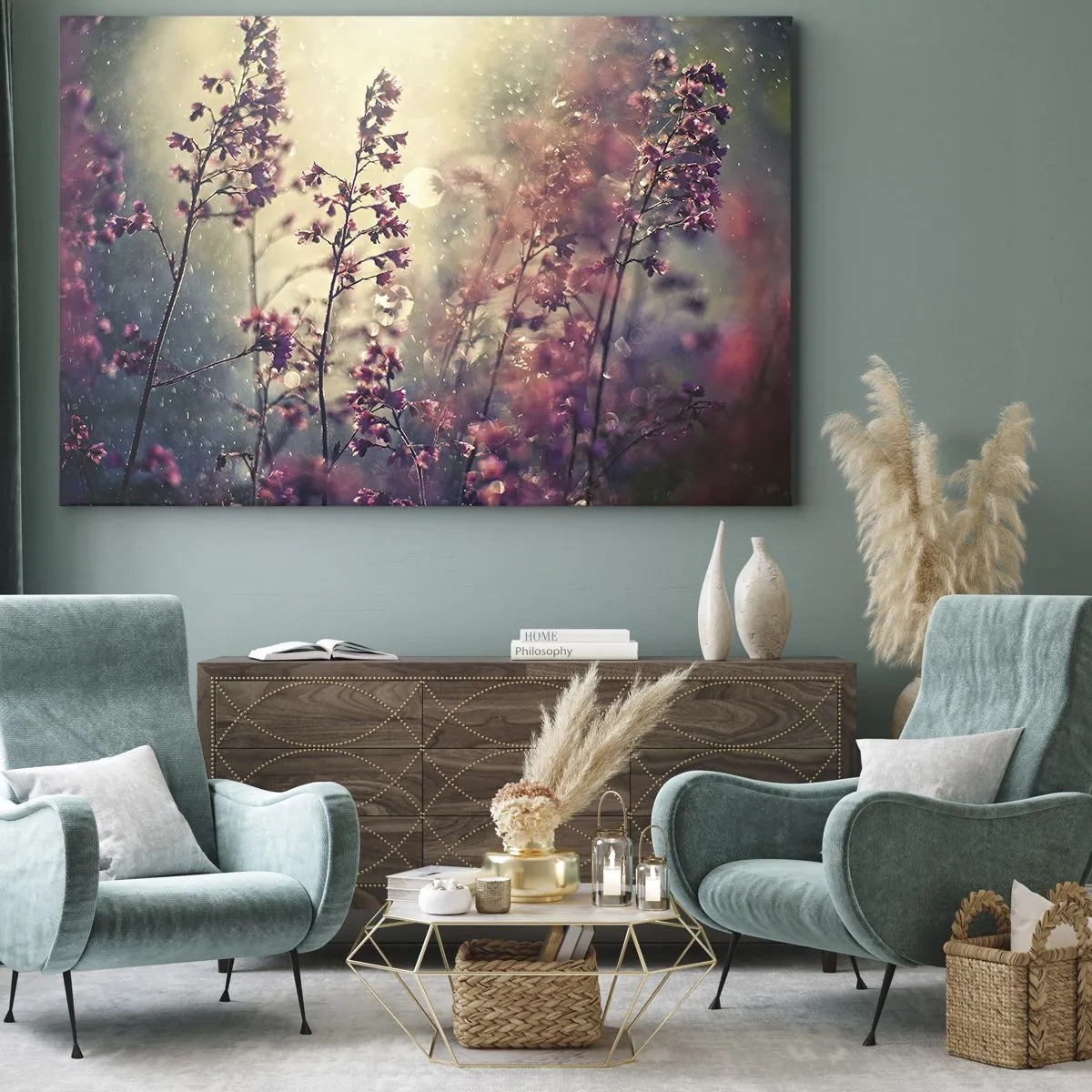 Cuadro sobre lienzo - Impresión de Imagen - Flores a la luz del sol con la naturaleza como telón de fondo - 70x50cm - Jardín secreto - Decoración de pared moderna para salón y dormitorio ARTTOR