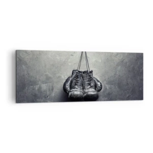Cuadro sobre lienzo - Impresión de Imagen - Guantes de boxeo viejos contra la pared - 140x50cm - Tiempo de lucha y tiempo de paz - Decoración de pared moderna para salón y dormitorio ARTTOR