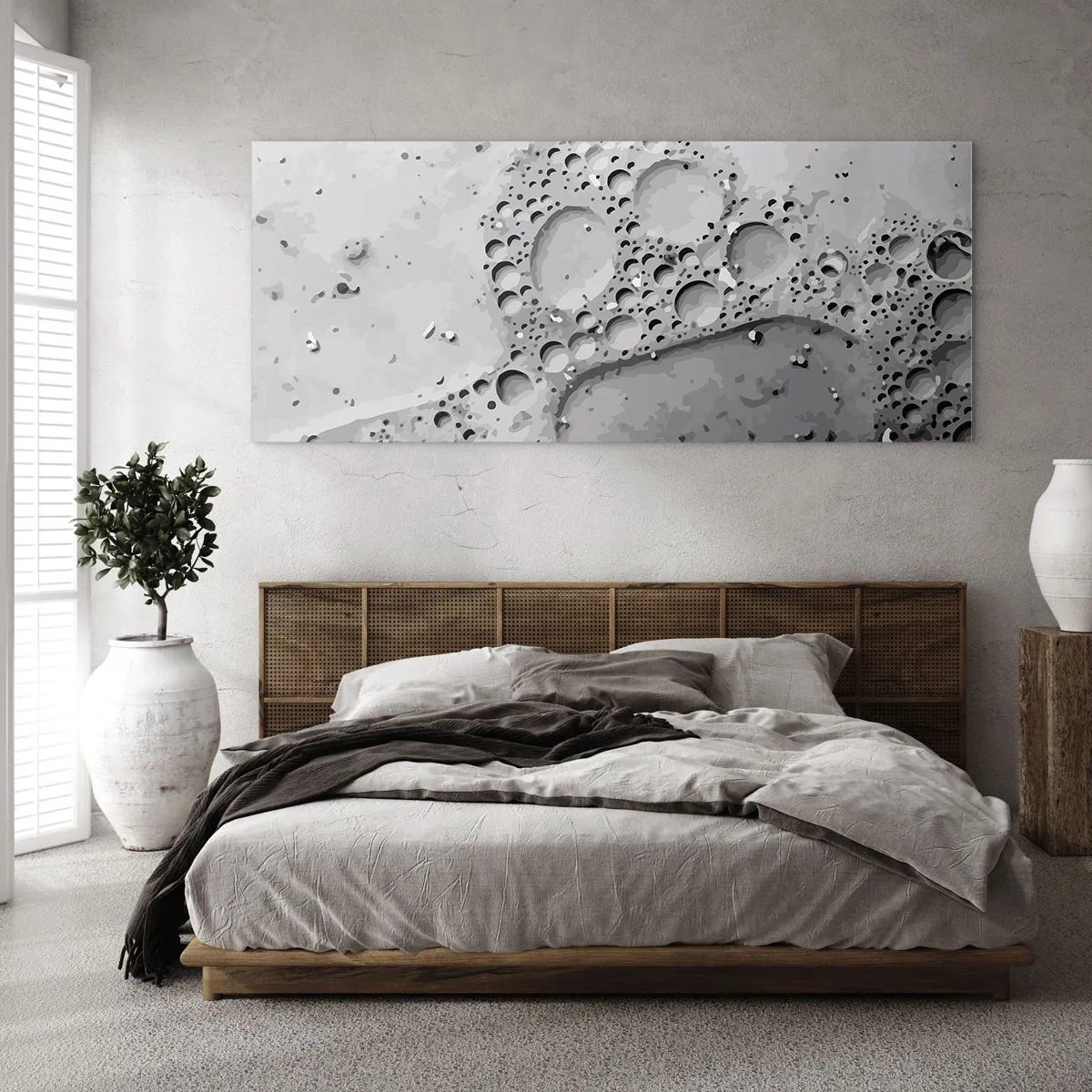 Cuadro sobre vidrio - Impresiones sobre Vidrio - Patrón de burbujas en blanco y negro en un estilo minimalista. - 140x50cm - Rastro espumoso - Decoración de pared moderna para salón y dormitorio ARTTOR