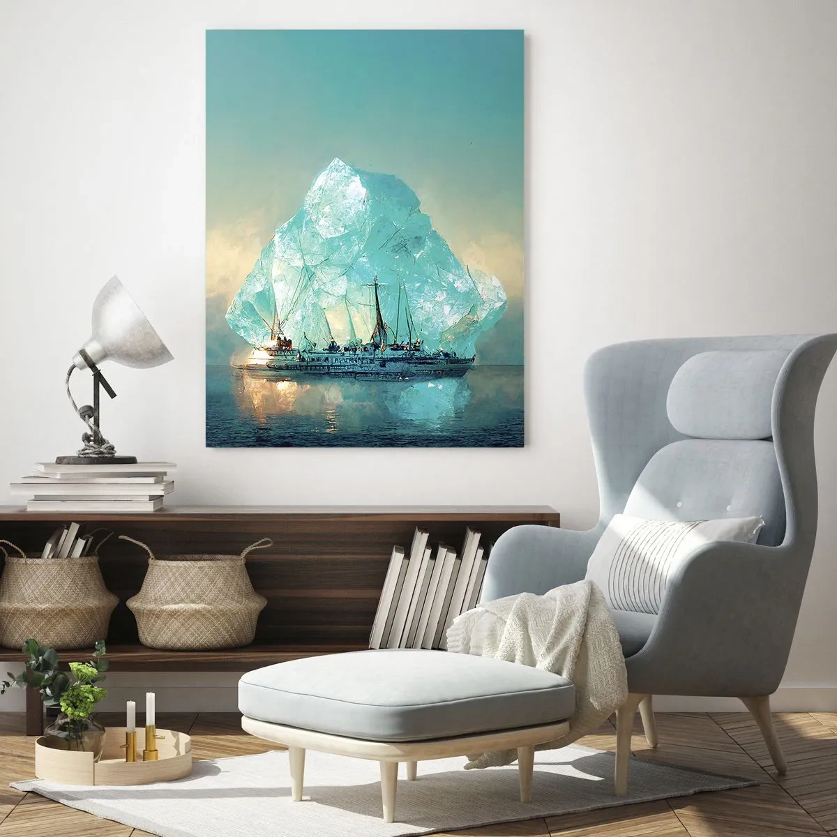 Cuadro sobre vidrio - Impresiones sobre Vidrio - Un velero frente a un enorme glaciar en la luz del Ártico. - 50x70cm - Diamante ártico - Decoración de pared moderna para salón y dormitorio ARTTOR