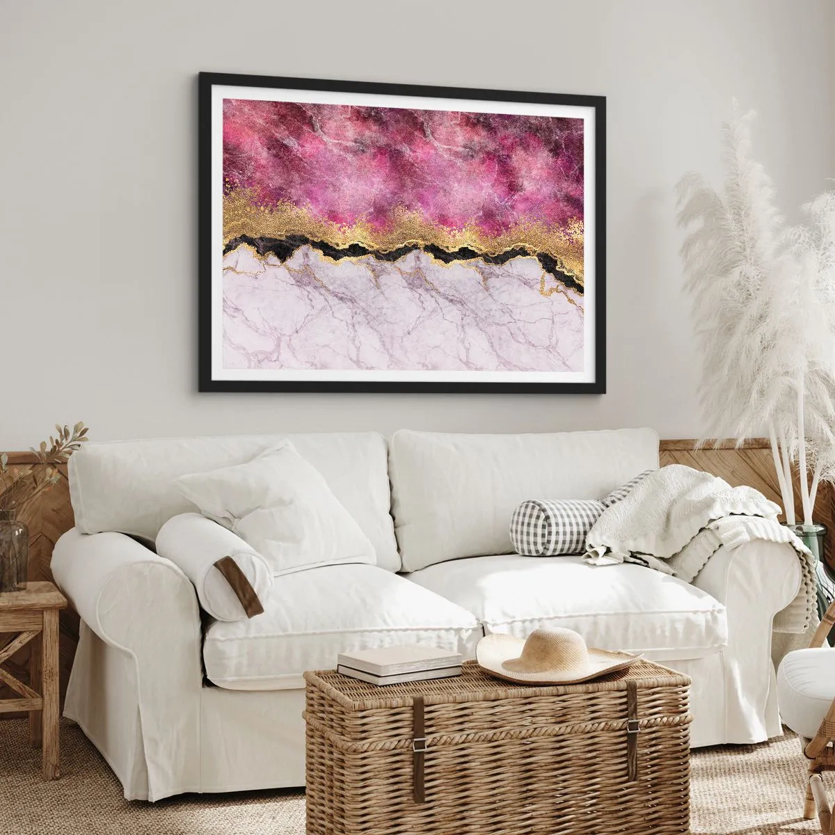 Póster en marco negro - Mármol abstracto en tonos rosa con acentos dorados. - 70x50cm - En la frontera - Decoración de pared moderna para salón y dormitorio ARTTOR
