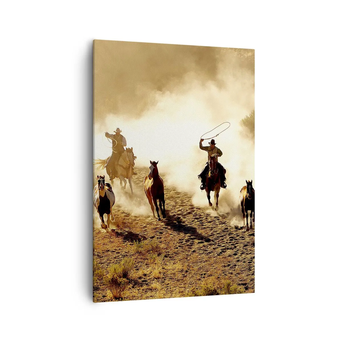 Cuadro sobre lienzo - Impresión de Imagen - Vaqueros a caballo en acción en el terreno desértico. - 70x100cm - El salvaje oeste - Decoración de pared moderna para salón y dormitorio ARTTOR