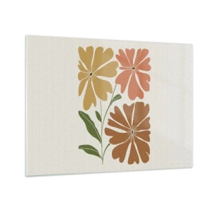 Cuadro sobre vidrio - Impresiones sobre Vidrio - Tres flores estilizadas en colores cálidos sobre un fondo claro. - 70x50cm - Naturaleza y geometría - Decoración de pared moderna para salón y dormitorio ARTTOR