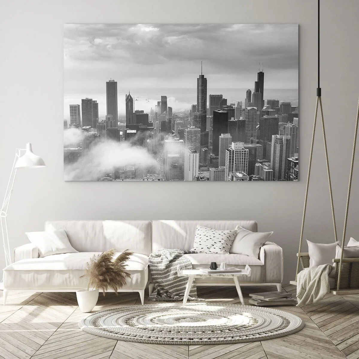 Cuadro sobre vidrio - Impresiones sobre Vidrio - Panorama de la ciudad con rascacielos en blanco y negro - 70x50cm - Paisaje americano - Decoración de pared moderna para salón y dormitorio ARTTOR