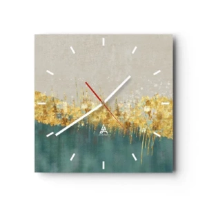 Reloj de pared - Reloj de vidrio - Acentos dorados sobre un fondo verde-beige. - 30x30cm - La frontera dorada - Decoración de pared moderna para salón y dormitorio ARTTOR