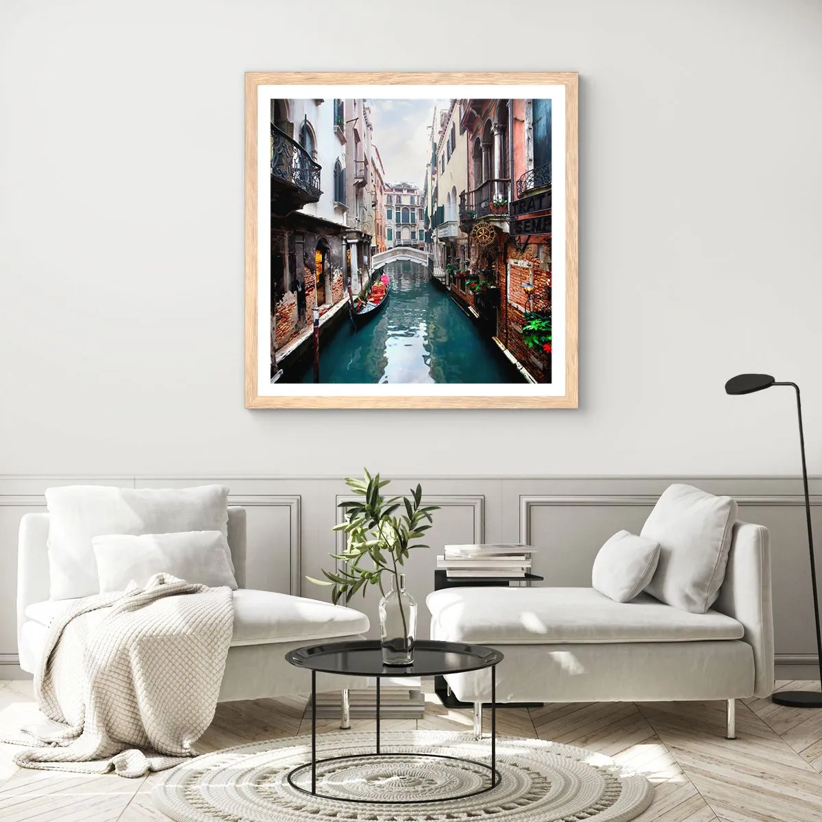 Póster en marco roble claro - Paisaje veneciano con góndola y puente - 40x40 cm