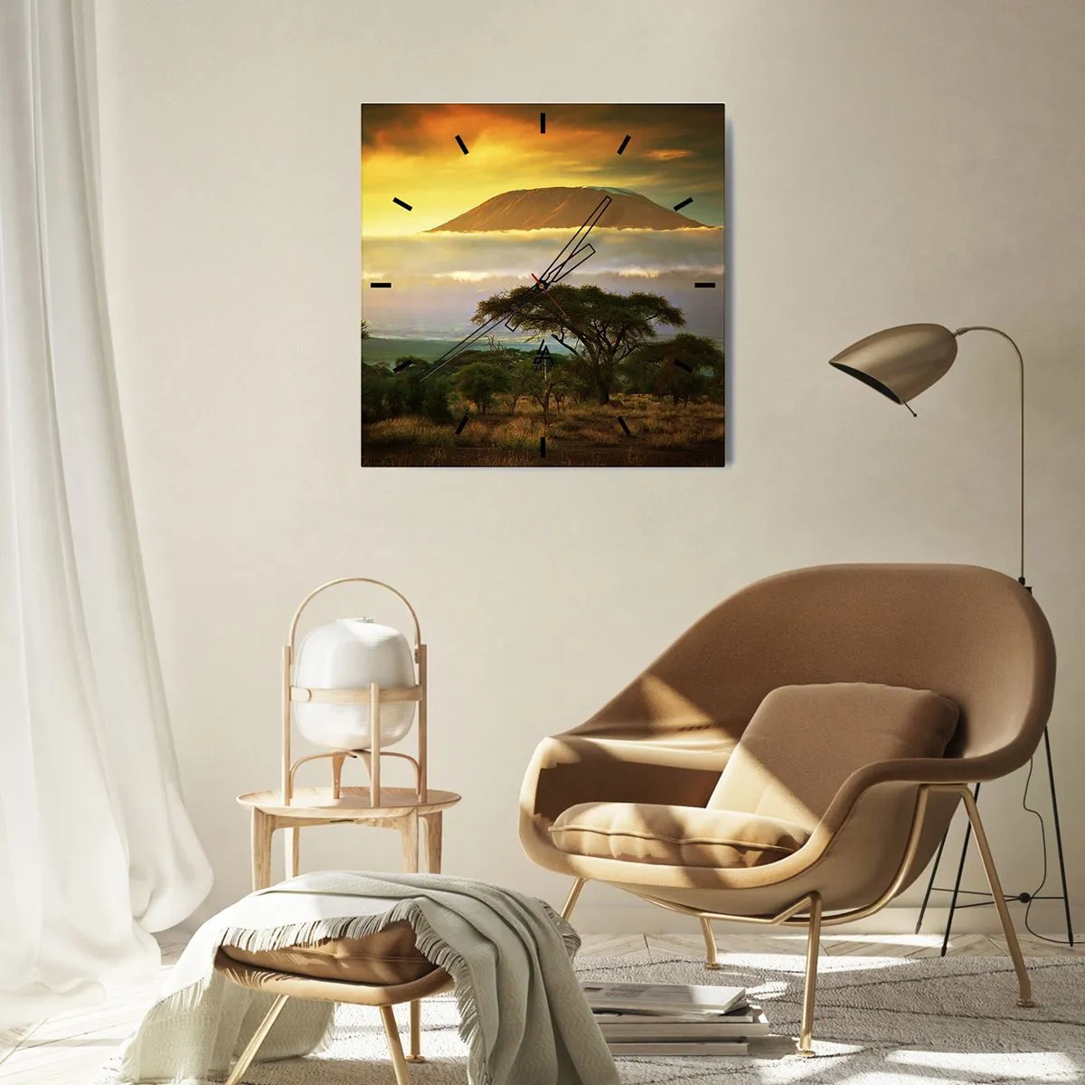 Reloj de pared - Reloj de vidrio - Paisaje africano con el Kilimanjaro al amanecer - 30x30cm - El sueño del viajero - Decoración de pared moderna para salón y dormitorio ARTTOR