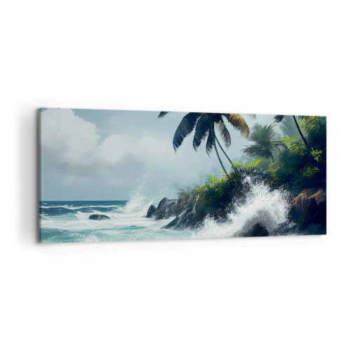 Cuadro sobre lienzo - Impresión de Imagen - Costa tropical con palmeras y mar agitado. - 120x50cm - En una costa tropical - Decoración de pared moderna para salón y dormitorio ARTTOR