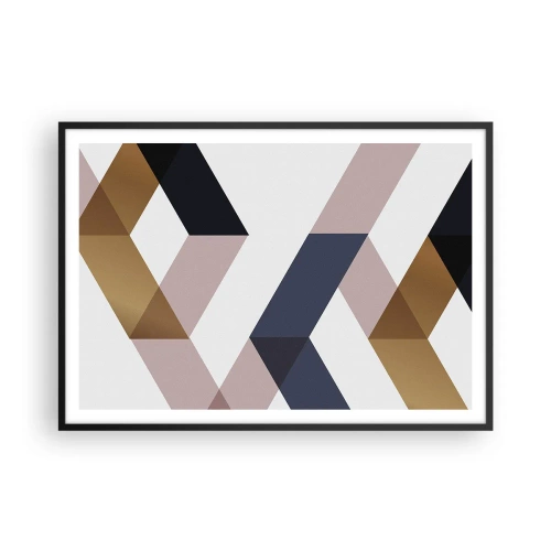 Póster en marco negro - Patrones geométricos en tonos dorados y azul marino. - 100x70cm - Rectas y ángulos - Decoración de pared moderna para salón y dormitorio ARTTOR
