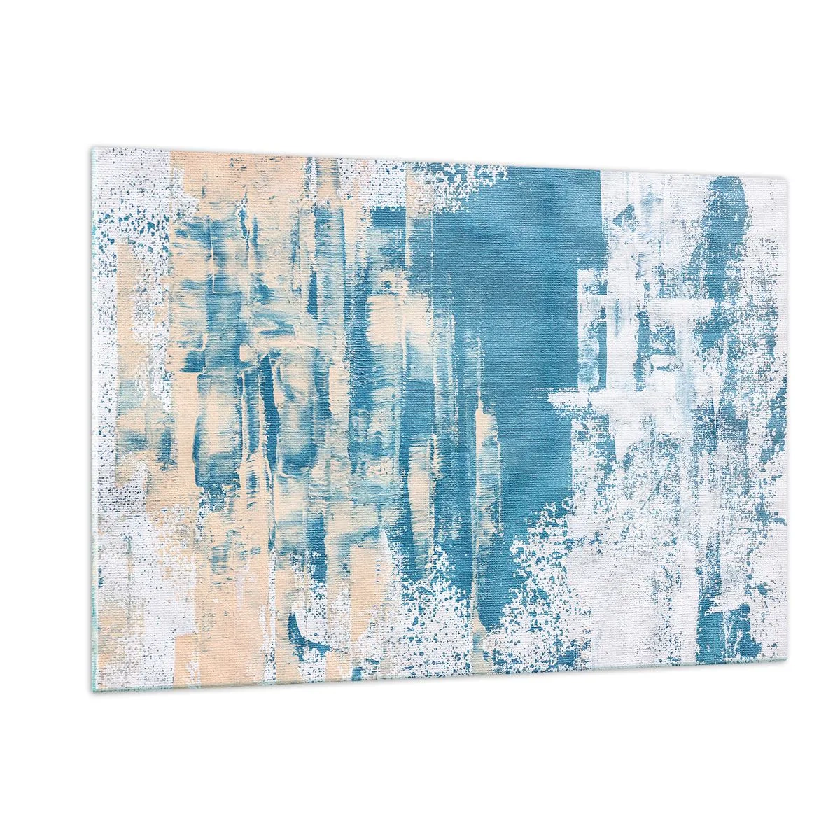 Cuadro sobre vidrio - Impresiones sobre Vidrio - Abstracción en azul y beige con textura de pincel. - 120x80cm - A través de un carámbano - Decoración de pared moderna para salón y dormitorio ARTTOR