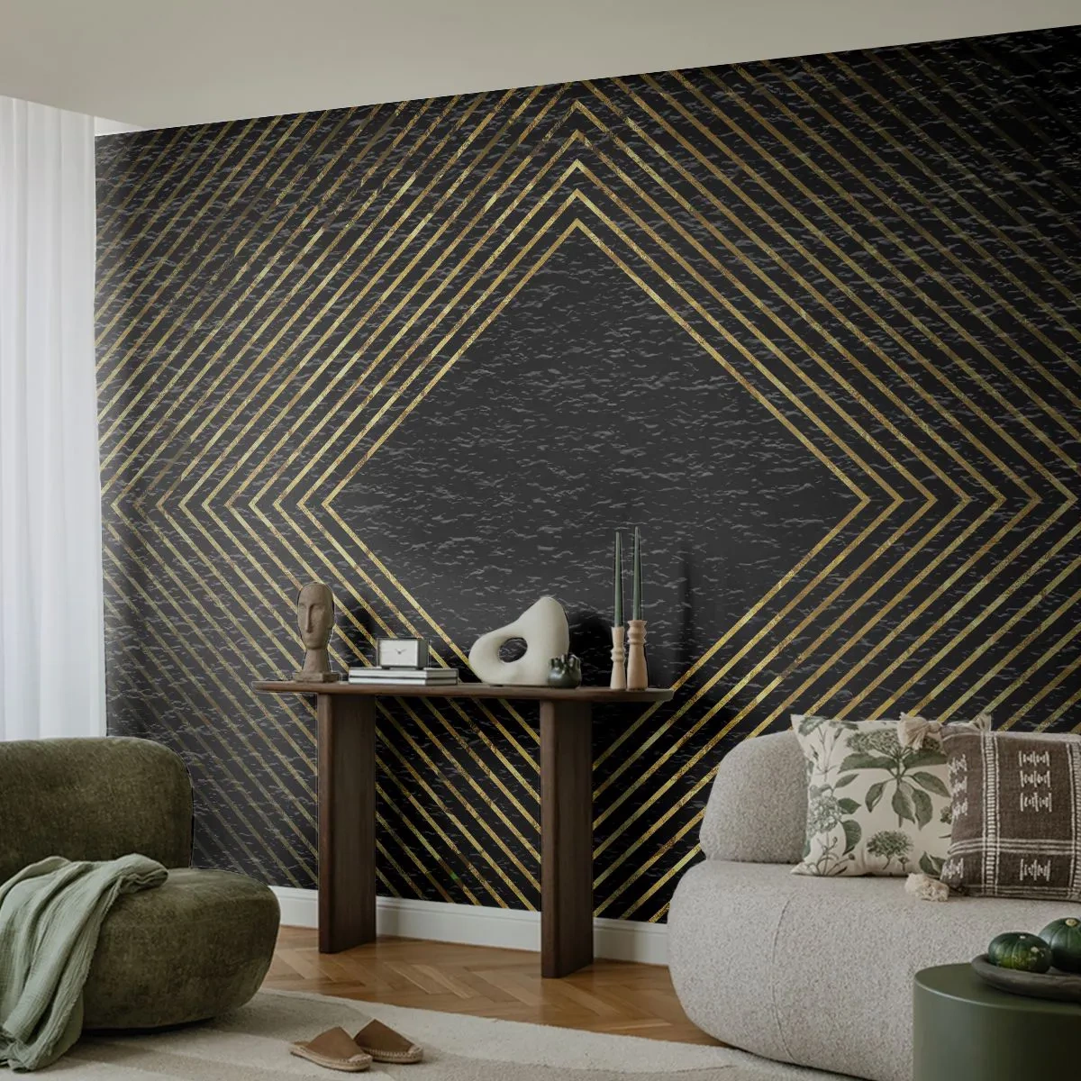 Fotomural Premium Sand - Líneas doradas que forman un rombo sobre un fondo negro. - 100x70cm - Geometría al estilo glamour - Decoración de pared moderna para salón y dormitorio ARTTOR