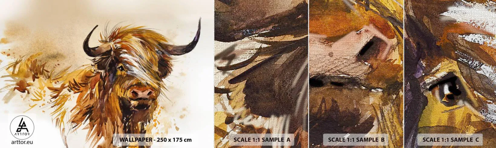 Muestra de fotomural Premium Canvas - El orgullo del líder - animales, Abstracción, Búfalo escocés - 100x30 cm