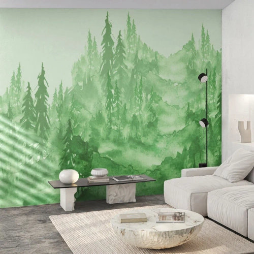 Fotomural Premium Canvas - Difuminado con niebla verde - Bosque, Gráficos, Paisaje - 300x210 cm