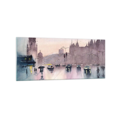 Cuadro sobre vidrio - Impresiones sobre Vidrio - Una calle de la ciudad al anochecer en estilo acuarela. - 120x50cm - En una niebla lluviosa - Decoración de pared moderna para salón y dormitorio ARTTOR