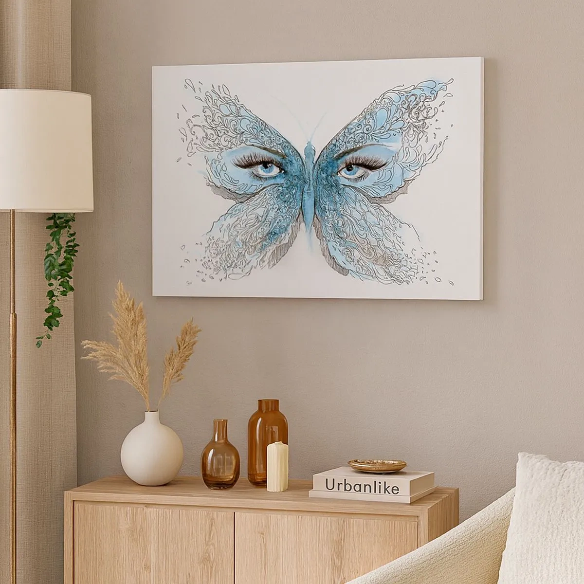 Cuadro sobre lienzo - Impresión de Imagen - Acuarela artística de una mariposa con ojos azules. - 70x50cm - Mirada de mariposa - Decoración de pared moderna para salón y dormitorio ARTTOR