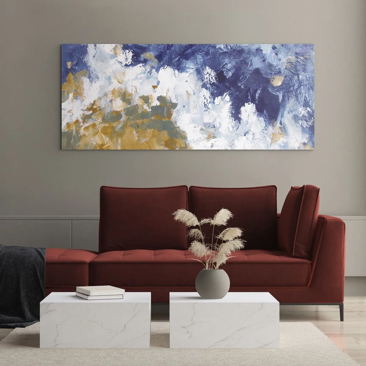 Cuadro sobre vidrio - Impresiones sobre Vidrio - Abstracción en tonos azules, blancos y dorados. - 160x50cm - Danza de los elementos - Decoración de pared moderna para salón y dormitorio ARTTOR