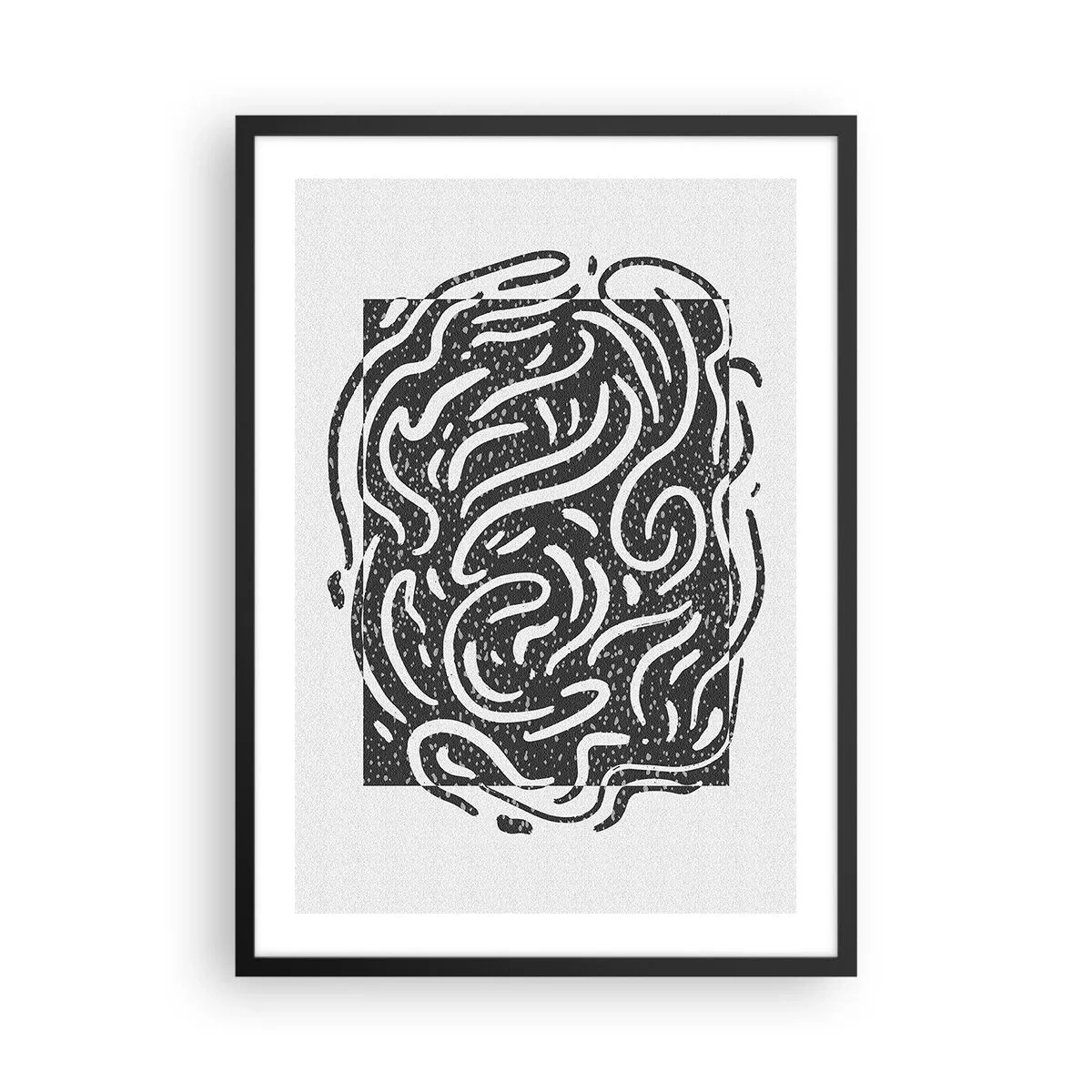 Póster en marco negro - Composición abstracta con líneas y formas dinámicas en blanco y negro. - 50x70cm - Abstracción: una danza de alegría - Decoración de pared moderna para salón y dormitorio ARTTOR