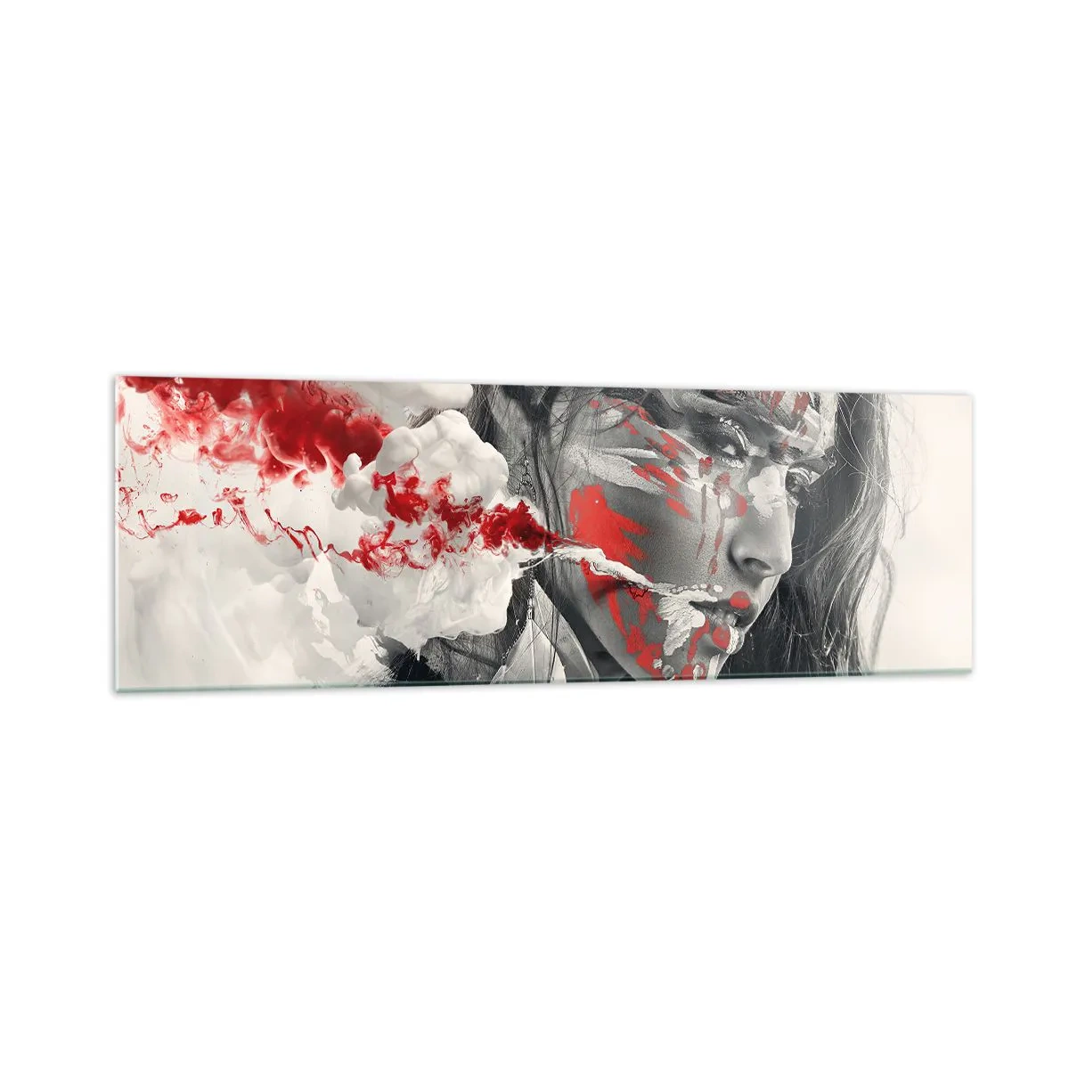Cuadro sobre vidrio - Impresiones sobre Vidrio - Retrato artístico de una mujer con acentos rojos abstractos. - 160x50cm - En los humos del absurdo - Decoración de pared moderna para salón y dormitorio ARTTOR