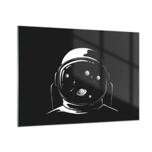 Cuadro sobre vidrio - Impresiones sobre Vidrio - Astronauta con estrellas y planetas en su casco sobre un fondo negro. - 100x70cm - Bonita vista - Decoración de pared moderna para salón y dormitorio ARTTOR