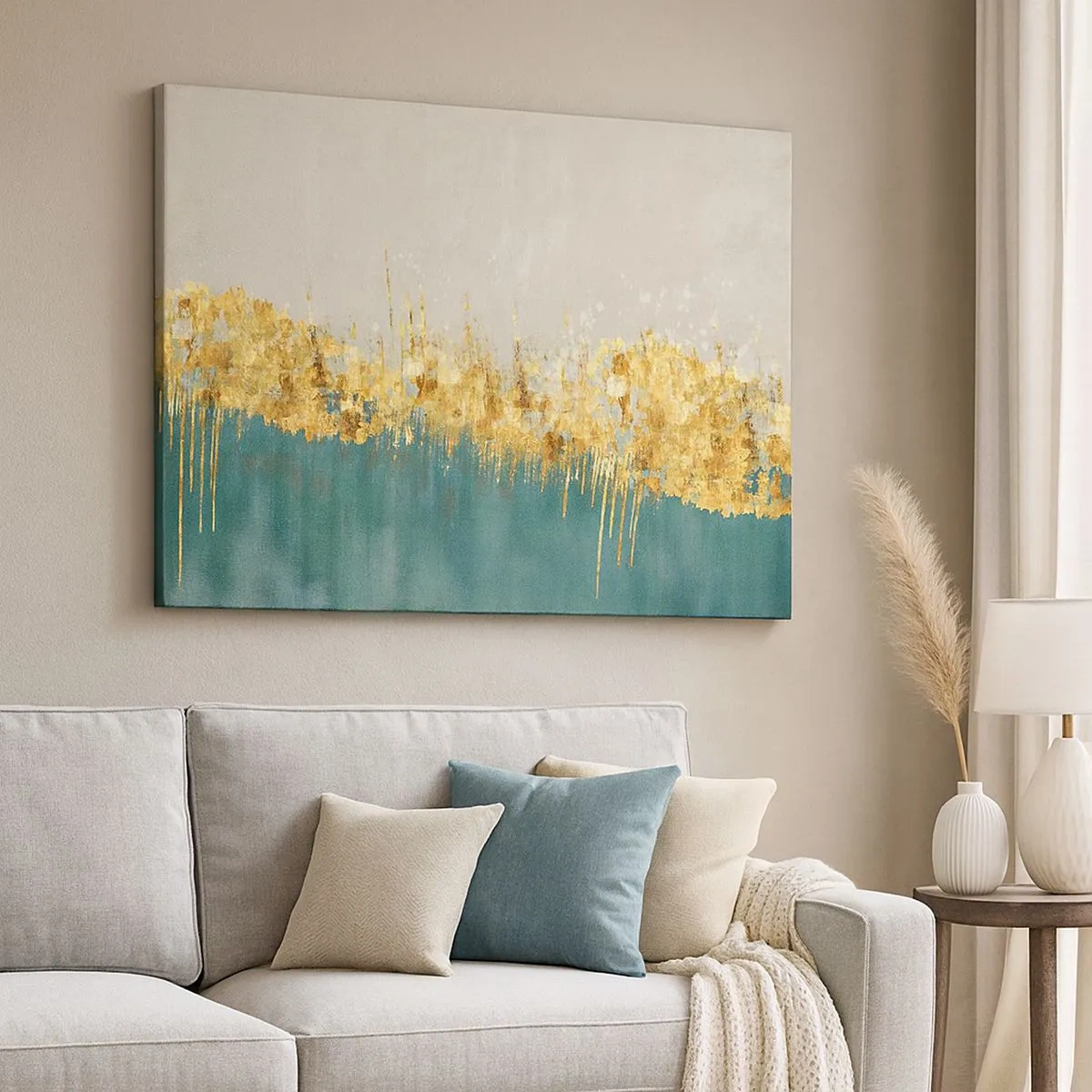 Cuadro sobre lienzo - Impresión de Imagen - Acentos dorados sobre un fondo verde-beige. - 70x50cm - La frontera dorada - Decoración de pared moderna para salón y dormitorio ARTTOR