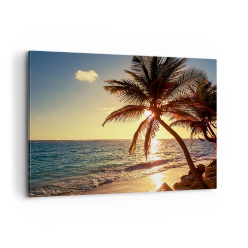 Cuadro sobre lienzo - Impresión de Imagen - Atardecer tropical sobre una playa con palmeras - 100x70cm - Verano bajo las palmeras - Decoración de pared moderna para salón y dormitorio ARTTOR
