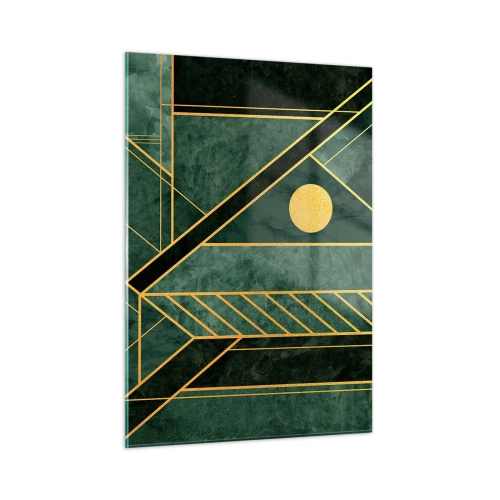 Cuadro sobre vidrio - Impresiones sobre Vidrio - Abstracción geométrica verde y dorada en estilo Art Déco - 50x70cm - La dinámica del oro y el azul - Decoración de pared moderna para salón y dormitorio ARTTOR