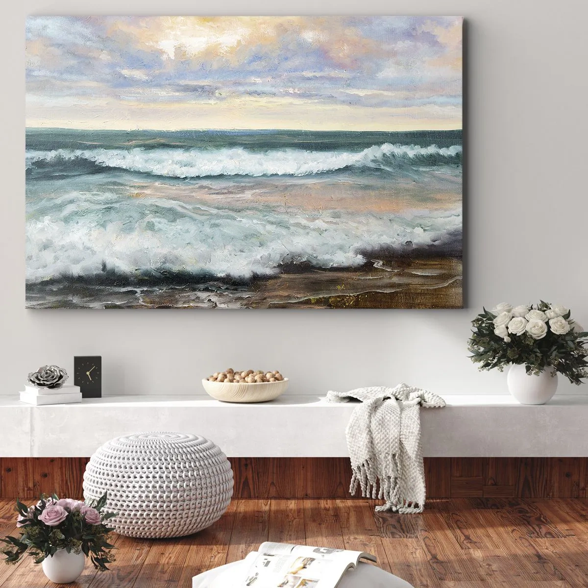 Cuadro sobre lienzo - Impresión de Imagen - Olas del mar contra un cielo nublado al atardecer - 120x80cm - Aquí suavizarás tu alma - Decoración de pared moderna para salón y dormitorio ARTTOR