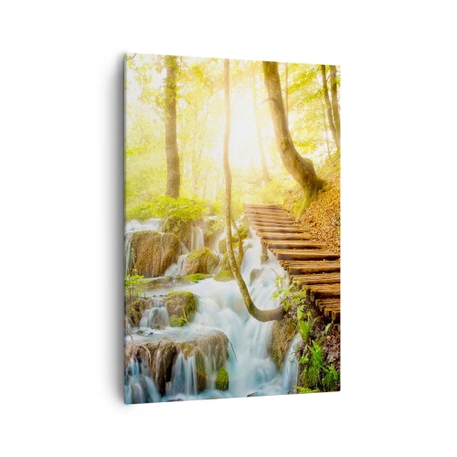 Cuadro sobre lienzo - Impresión de Imagen - Camino forestal con escaleras de madera junto a la cascada. - 70x100cm - El ansiado frescor - Decoración de pared moderna para salón y dormitorio ARTTOR