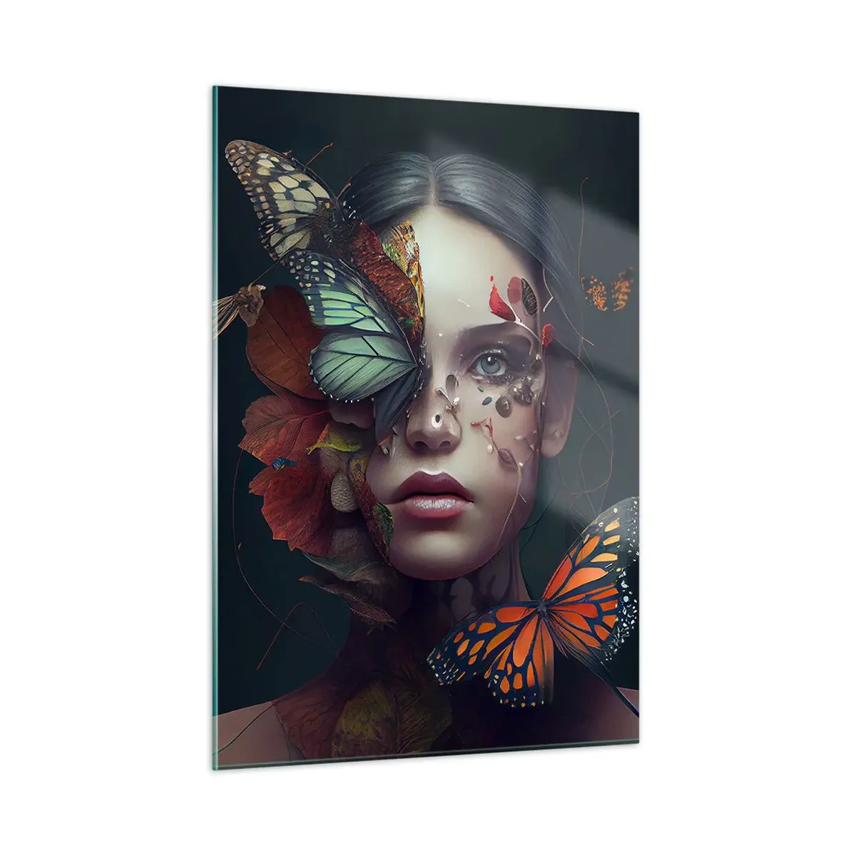 Cuadro sobre vidrio - Impresiones sobre Vidrio - Un rostro de mujer con mariposas y hojas en una composición artística. - 50x70cm - Una metamorfosis maravillosa - Decoración de pared moderna para salón y dormitorio ARTTOR