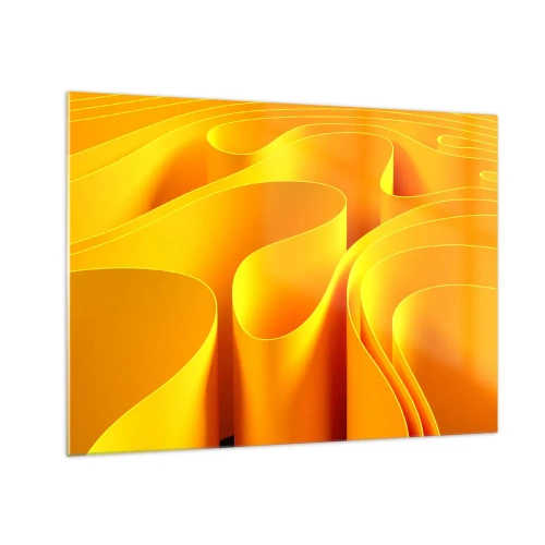 Cuadro sobre vidrio - Impresiones sobre Vidrio - Ondas abstractas en tonos dorados y naranjas. - 70x50cm - Como las olas del sol - Decoración de pared moderna para salón y dormitorio ARTTOR