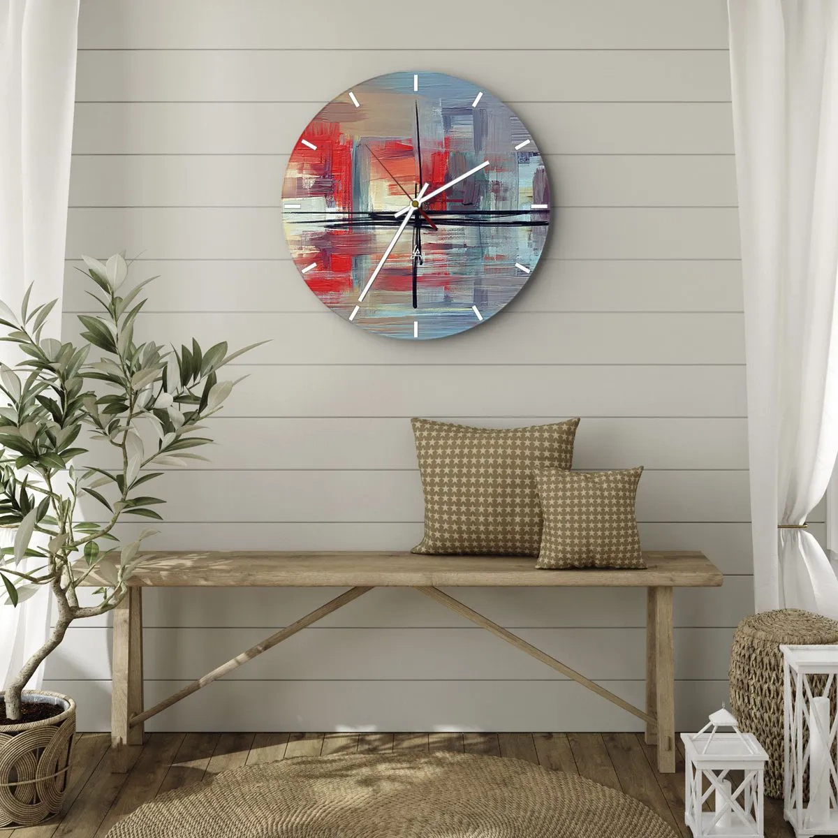 Reloj de pared - Reloj de vidrio - Abstracción colorida con pinceladas geométricas - 30x30cm - Paisaje en una dimensión desconocida - Decoración de pared moderna para salón, cocina y dormitorio ARTTOR