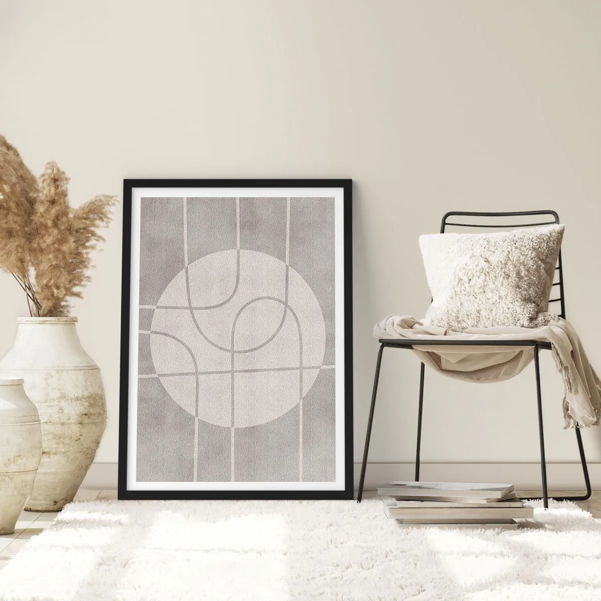 Póster en marco negro - Líneas geométricas y un círculo en tonos grises. - 50x70cm - Circular y rectilíneo - Decoración de pared moderna para salón y dormitorio ARTTOR