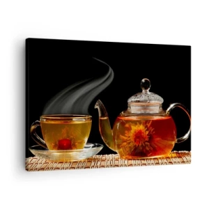 Cuadro sobre lienzo - Impresión de Imagen - Tetera de cristal con té de flores y una taza. - 70x50cm - Magia y el arte del té - Decoración de pared moderna para salón y dormitorio ARTTOR