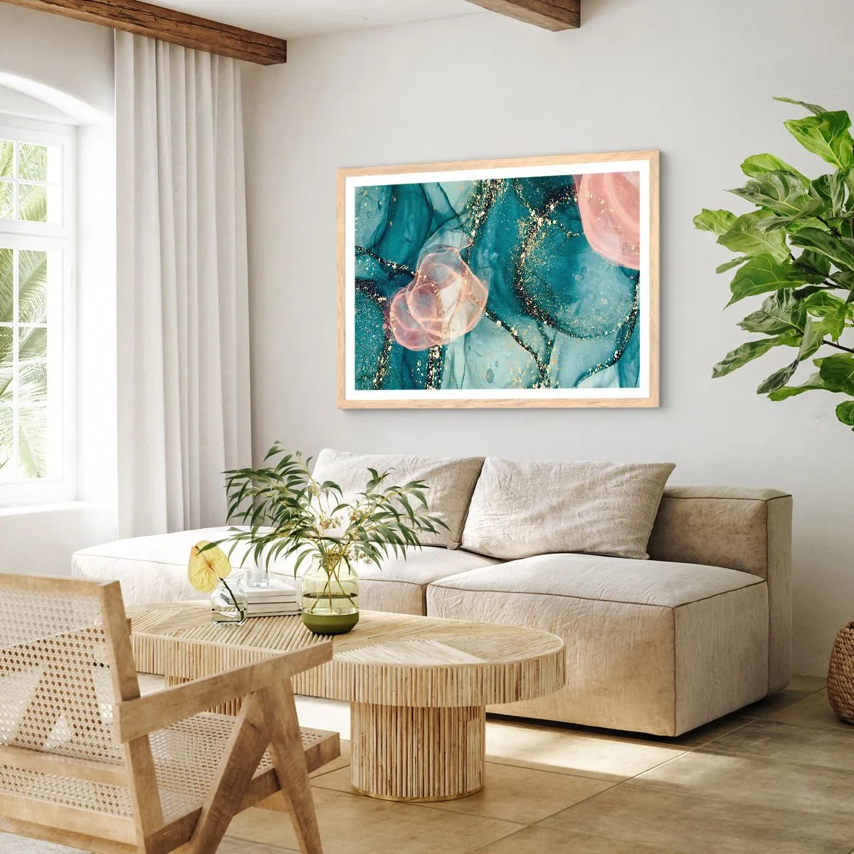 Póster en marco roble claro - Seda azul, tul rosa - 70x50 cm