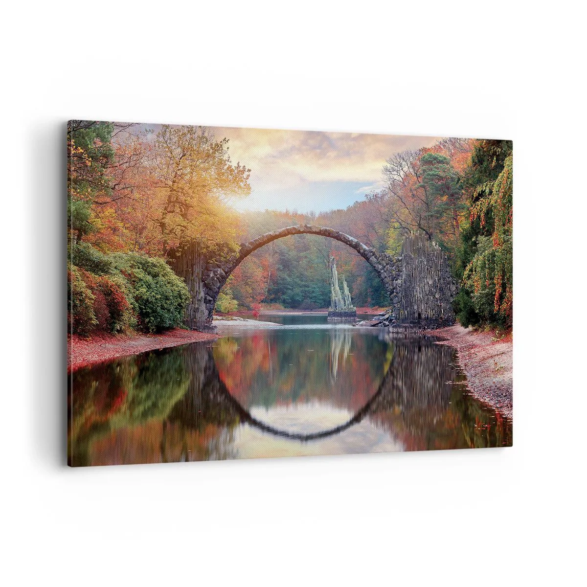 Cuadro sobre lienzo - Impresión de Imagen - Un puente de piedra en un paisaje otoñal sobre aguas tranquilas. - 120x80cm - Al otro lado del espejo - Decoración de pared moderna para salón y dormitorio ARTTOR