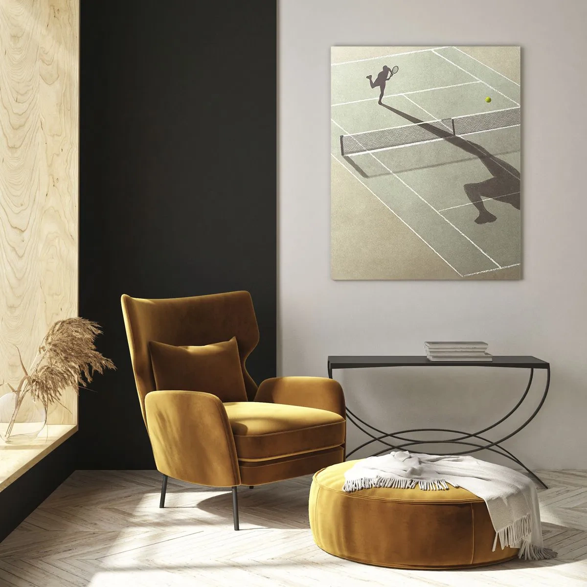 Cuadro sobre vidrio - Impresiones sobre Vidrio - La figura de un tenista y su sombra en la cancha durante un saque. - 50x70cm - Véncete a ti mismo - Decoración de pared moderna para salón y dormitorio ARTTOR