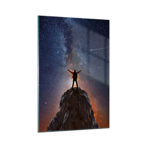 Cuadro sobre vidrio - Impresiones sobre Vidrio - Una figura en la cima de una montaña bajo un cielo estrellado. - 80x120cm - ¡El poder está conmigo! - Decoración de pared moderna para salón y dormitorio ARTTOR