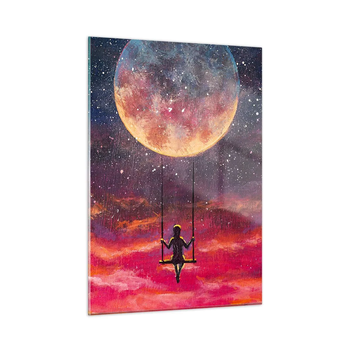Cuadro sobre vidrio - Impresiones sobre Vidrio - Una niña en un columpio suspendido bajo la luna. - 50x70cm - Disfrutar de las nubes - Decoración de pared moderna para salón y dormitorio ARTTOR