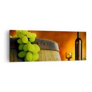 Cuadro sobre lienzo - Impresión de Imagen - Uvas en un barril de vino con un esquema de colores cálidos en el fondo. - 140x50cm - Bodegón con botella de vino y racimo de uvas - Decoración de pared moderna para salón y dormitorio ARTTOR