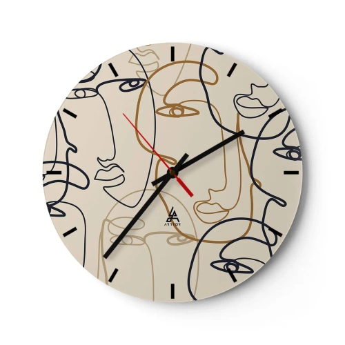 Reloj de pared - Reloj de vidrio - Caras contorneadas en estilo de arte lineal sobre un fondo beige - 30x30cm - Retrato multiplicado - Decoración de pared moderna para salón, cocina y dormitorio ARTTOR
