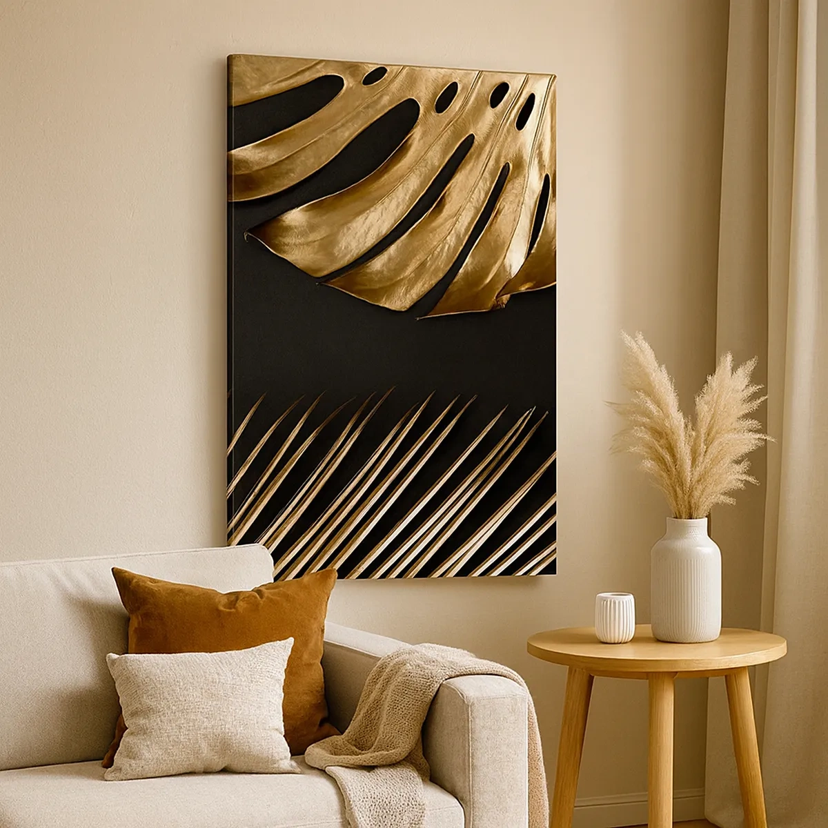 Cuadro sobre lienzo - Impresión de Imagen - Hojas doradas sobre fondo negro - 50x70cm - Diferente, e igualmente valioso - Decoración de pared moderna para salón y dormitorio ARTTOR