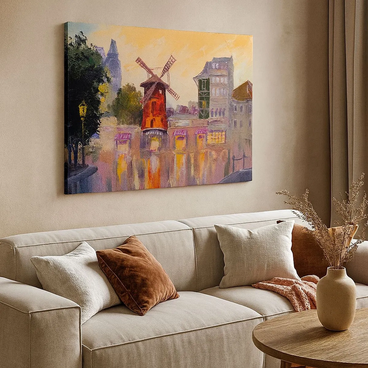 Cuadro sobre lienzo - Impresión de Imagen - El molino de viento rojo del Moulin Rouge rodeado del paisaje urbano - 70x50cm - Iconos parisinos - Moulin Rouge - Decoración de pared moderna para salón y dormitorio ARTTOR