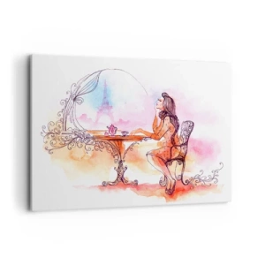 Cuadro sobre lienzo - Impresión de Imagen - Acuarela romántica de una mujer en un café con vistas a una torre. - 100x70cm - Estilo parisino - Decoración de pared moderna para salón y dormitorio ARTTOR