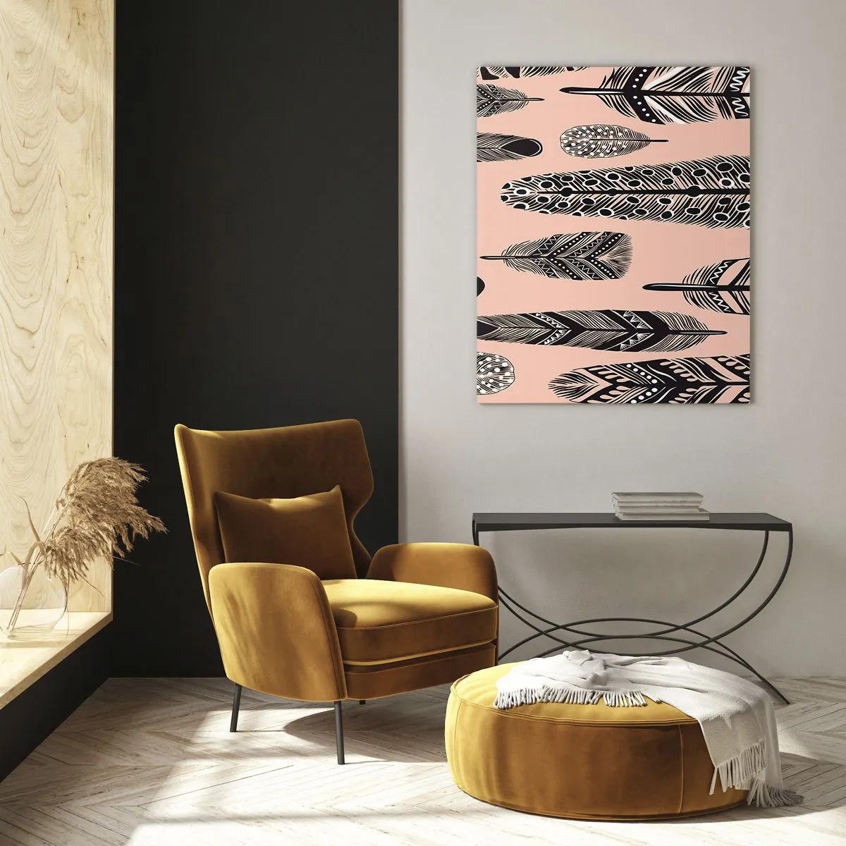 Cuadro sobre vidrio - Impresiones sobre Vidrio - Plumas decorativas con patrones en blanco y negro sobre un fondo rosa. - 50x70cm - Una colección india - Decoración de pared moderna para salón y dormitorio ARTTOR